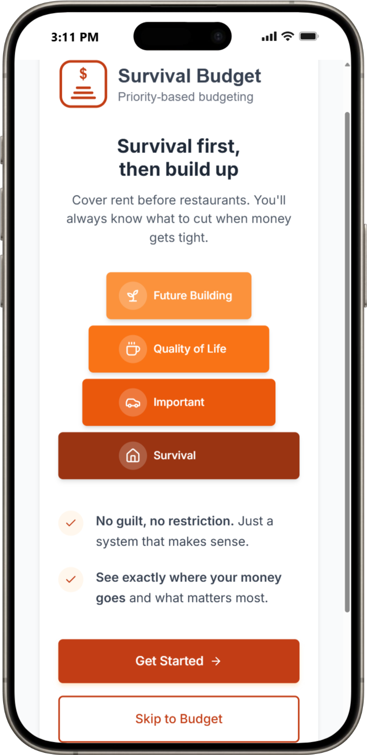Survival Budget app interface